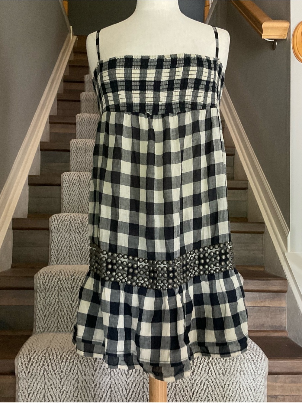 Anthropologie Black & White Gingham Beaded Sundress
